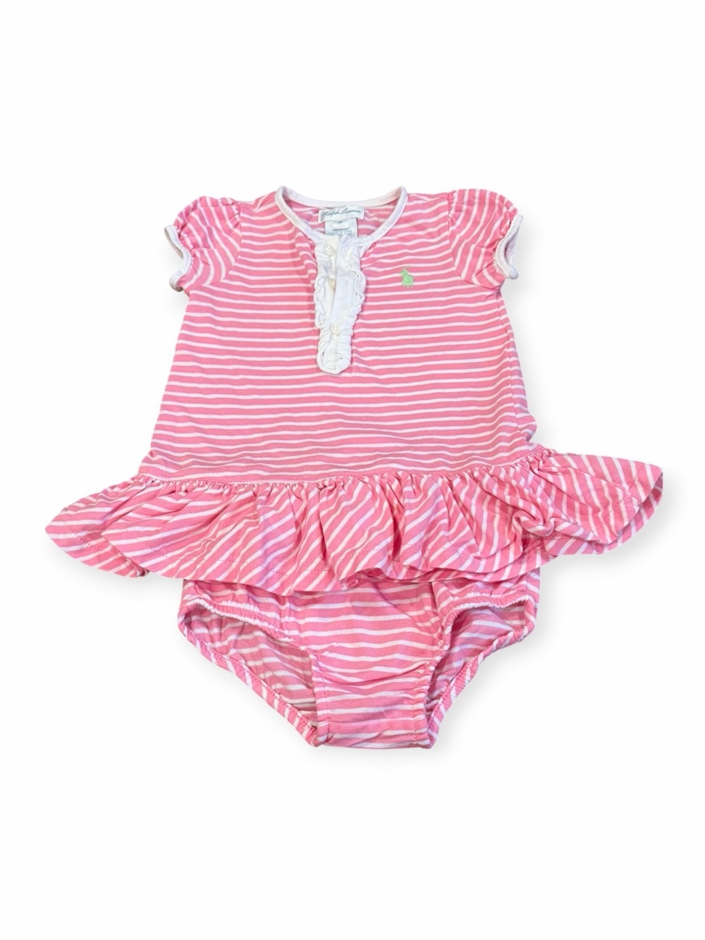 Ralph Lauren, Pink and White Striped Ruffle  Dress with Bloomers, Size 6 mos